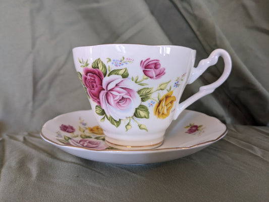 Pink and Yellow Floral Teacup and Saucer Set